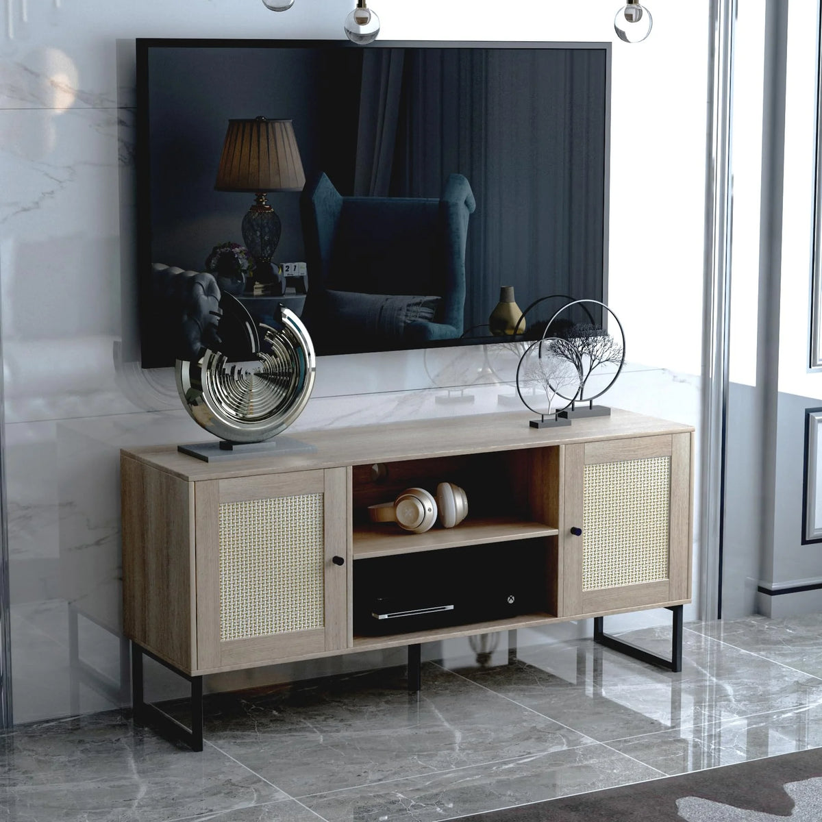 Rattan TV Stand with Storage and Rattan Door B2036