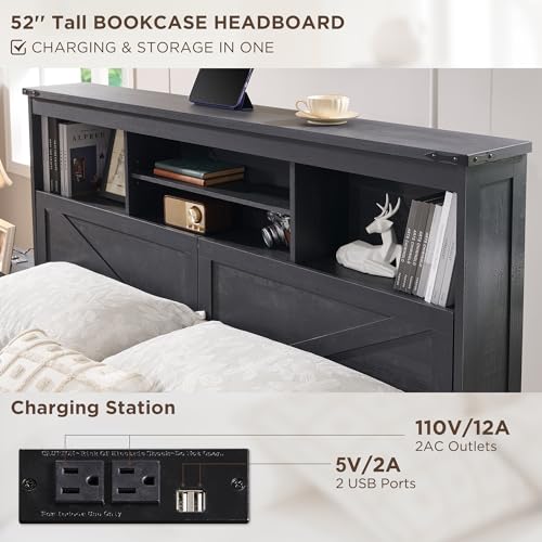 King Size Wood Bed Frame with Storage Headboard and 4 Drawers N7988