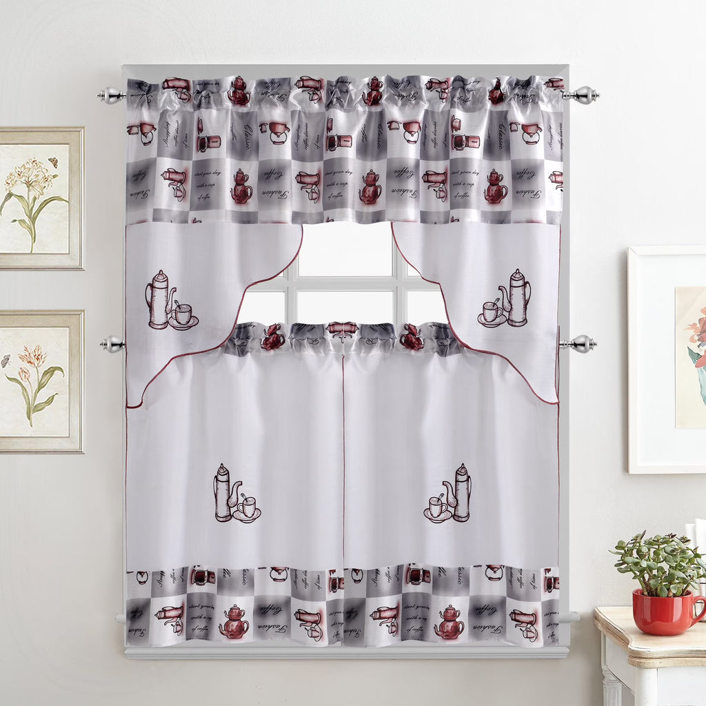 Coffee Embroidered 3-Piece Kitchen Curtain Tiers & Swag Set, 58x36 & 28x36 inches S966