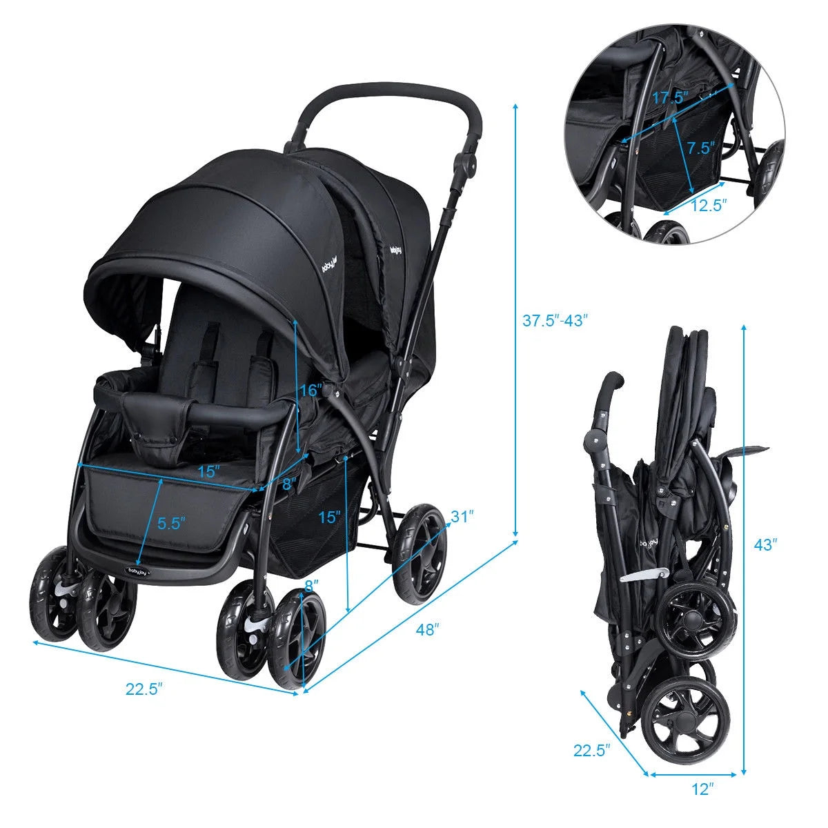 Double Stroller Foldable Lightweight Black S644