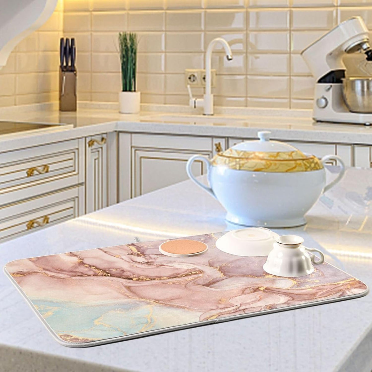 Gold Pink Marble Texture Dish Drying Mat 16x18Inch K8885