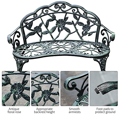 Green Cast Aluminum Metal Bench with Floral Rose Accent O8135