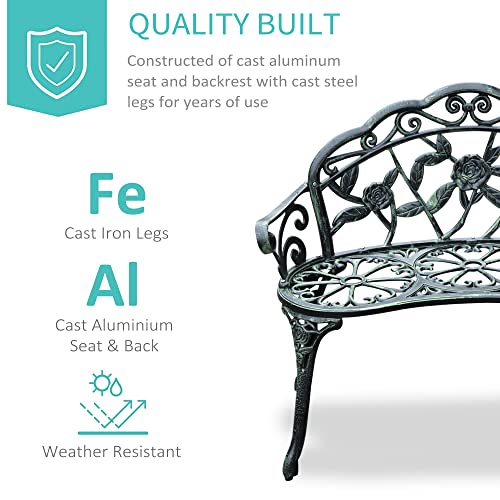 Green Cast Aluminum Metal Bench with Floral Rose Accent O8135