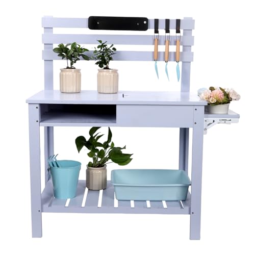 Wooden Potting Bench Table with 3 Side Hook Shelf P5347