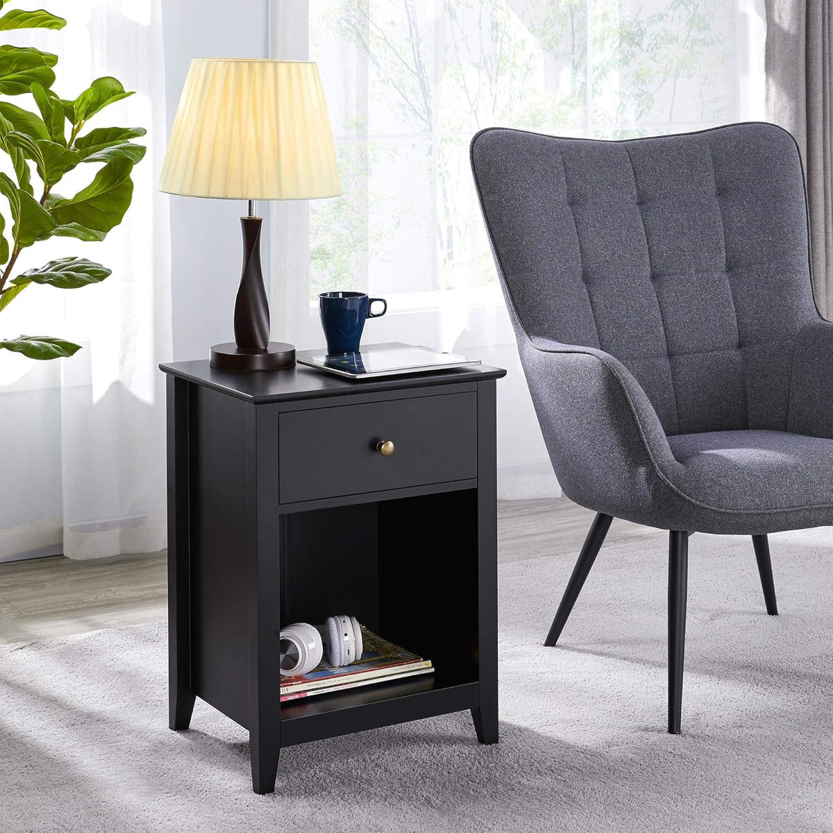 Black 2 Tier Wood Side Table with 1 Drawer and Bottom Shelf O442