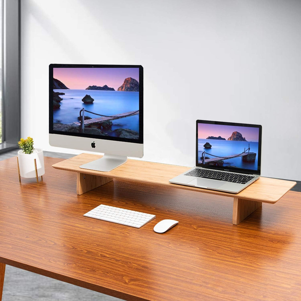 Large Bamboo Wood Dual Monitor Stand Riser Pack of 2 Y949