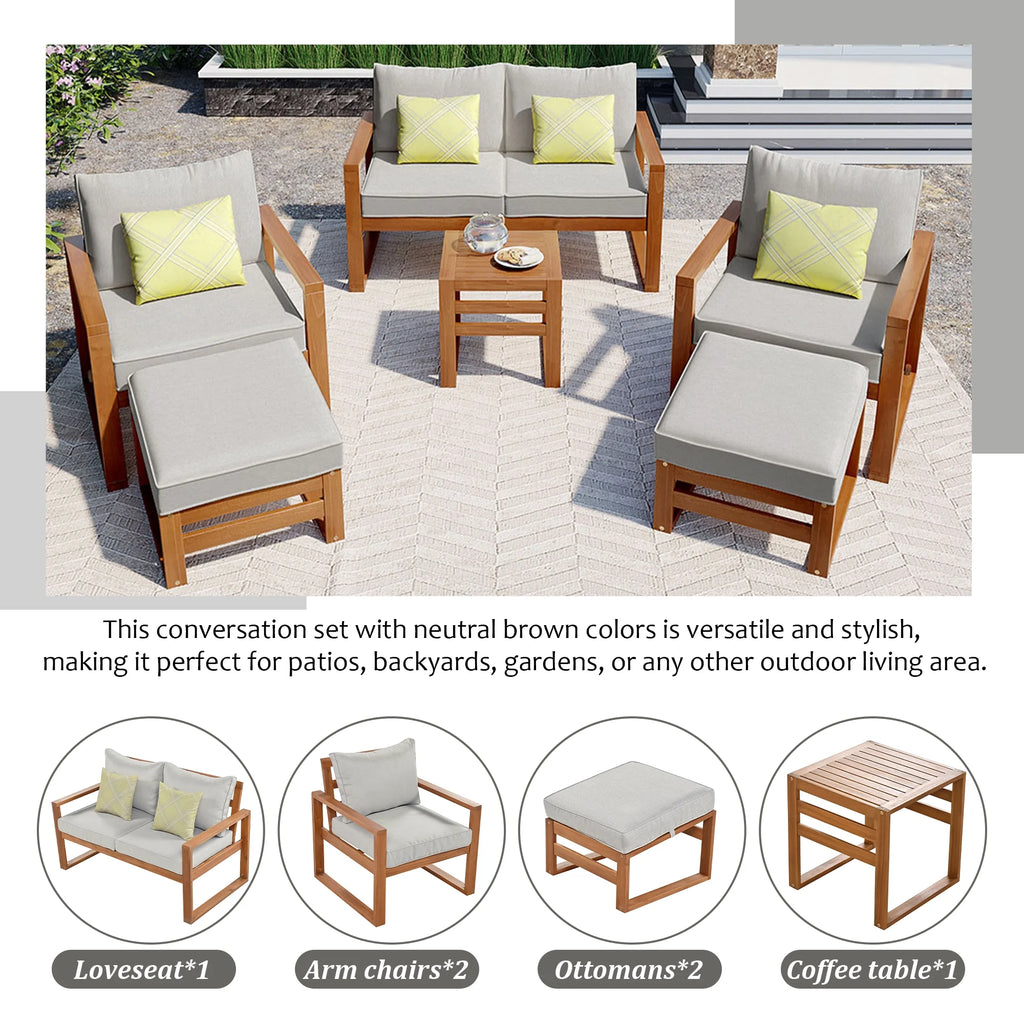 6 Piece Solid Wood Patio Furniture Set with Gray Cushions E47479
